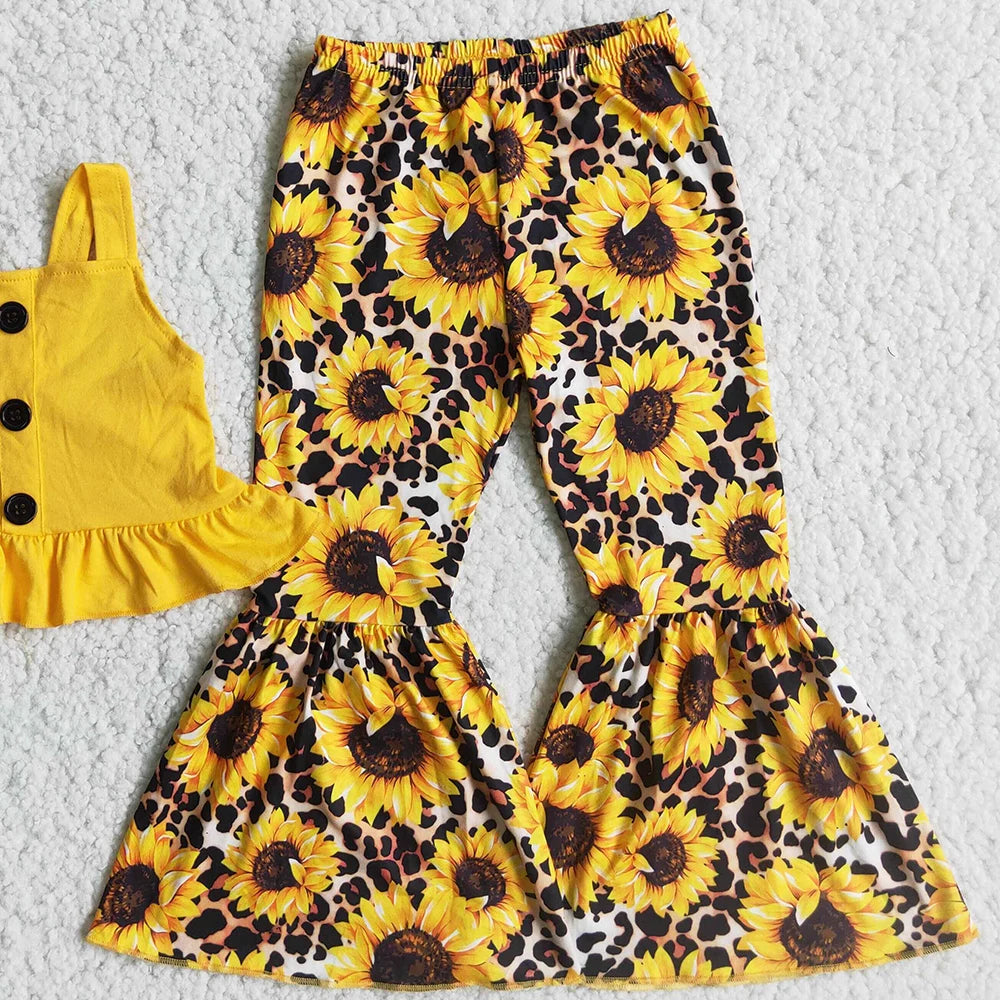New Design Kids Designer Clothes Girl Sunflower Bell Bottom Pants Sets