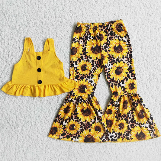 New Design Kids Designer Clothes Girl Sunflower Bell Bottom Pants Sets