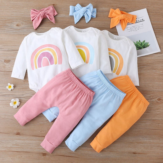Infant Newborn Baby Girls 3Pcs Set Outfits Long Sleeve Rainbow